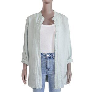 Blue Linen Button Down Shirt Lightweight Breathable Top Pleated Casual Blouse XL